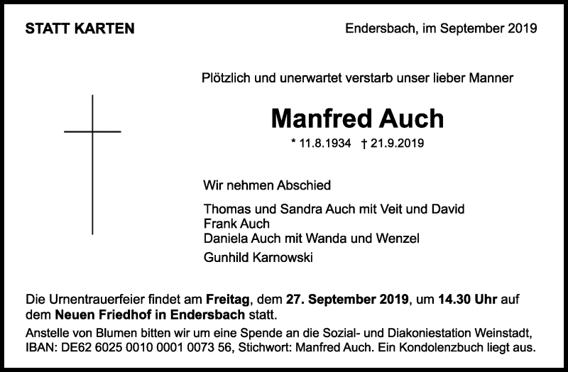  Traueranzeige für Manfred Auch vom 24.09.2019 aus Waiblinger Kreiszeitung