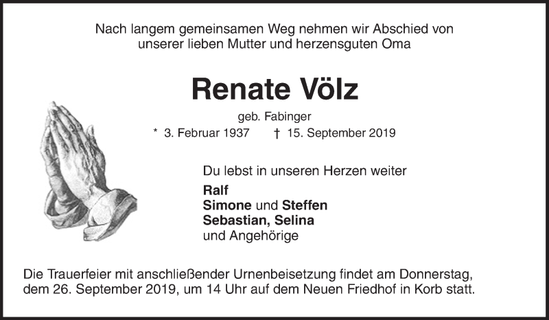  Traueranzeige für Renate Völz vom 24.09.2019 aus Waiblinger Kreiszeitung