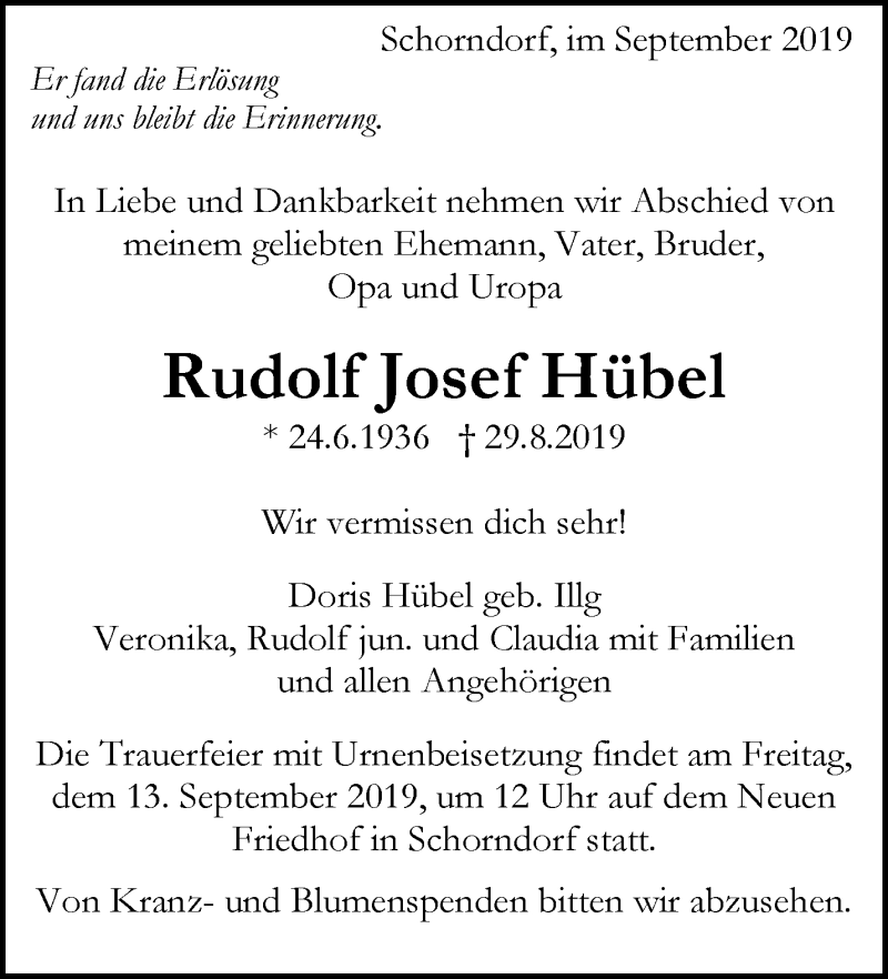  Traueranzeige für Rudolf Josef Hübel vom 11.09.2019 aus Waiblinger Kreiszeitung
