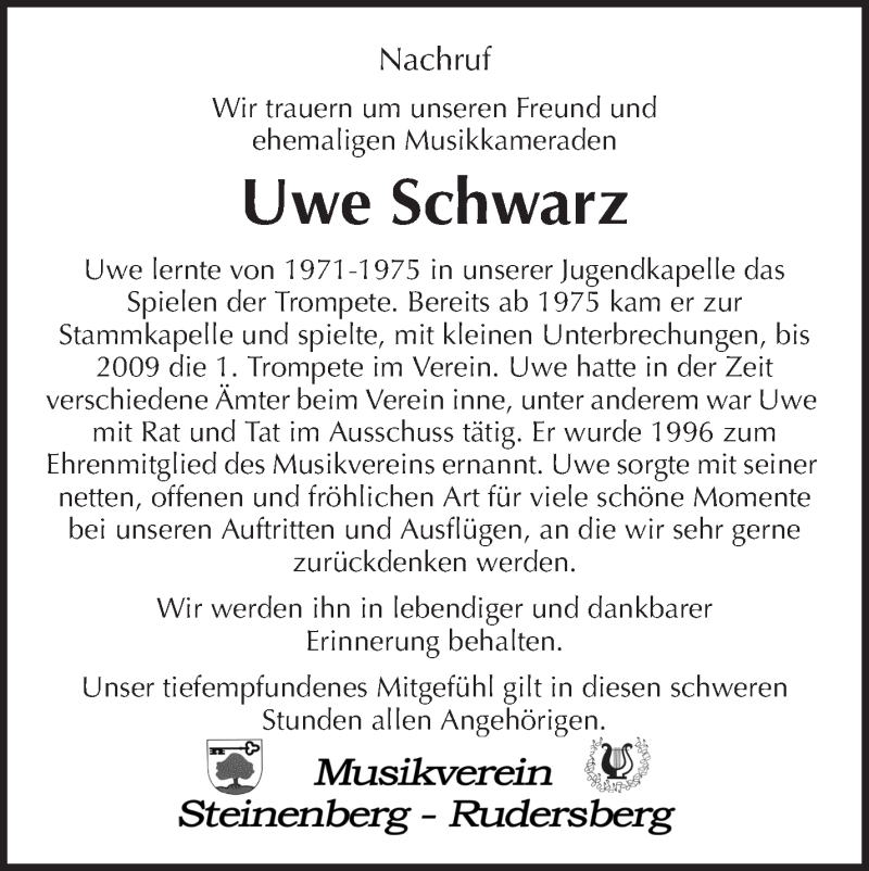  Traueranzeige für Uwe Schwarz vom 07.09.2019 aus Waiblinger Kreiszeitung