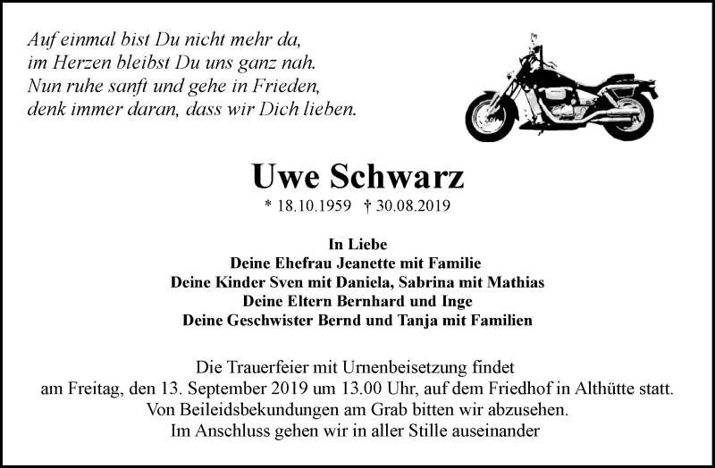  Traueranzeige für Uwe Schwarz vom 07.09.2019 aus Waiblinger Kreiszeitung