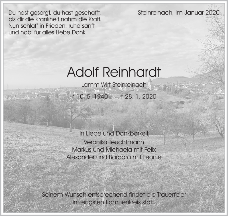  Traueranzeige für Adolf Reinhardt vom 01.02.2020 aus Waiblinger Kreiszeitung