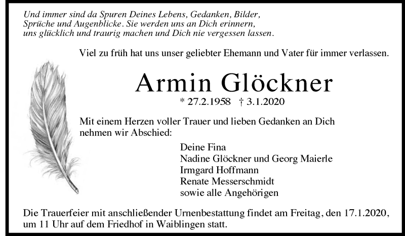  Traueranzeige für Armin Glöckner vom 11.01.2020 aus Waiblinger Kreiszeitung