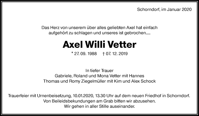  Traueranzeige für Axel Willi Vetter vom 04.01.2020 aus Waiblinger Kreiszeitung