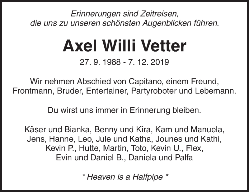  Traueranzeige für Axel Willi Vetter vom 04.01.2020 aus Waiblinger Kreiszeitung
