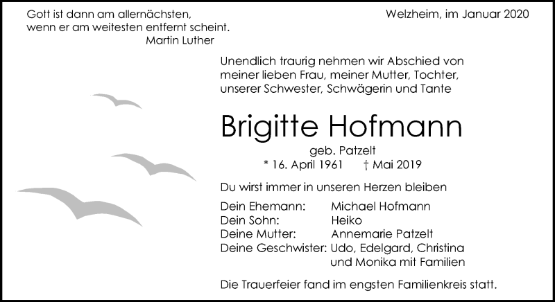  Traueranzeige für Brigitte Hofmann vom 25.01.2020 aus Waiblinger Kreiszeitung