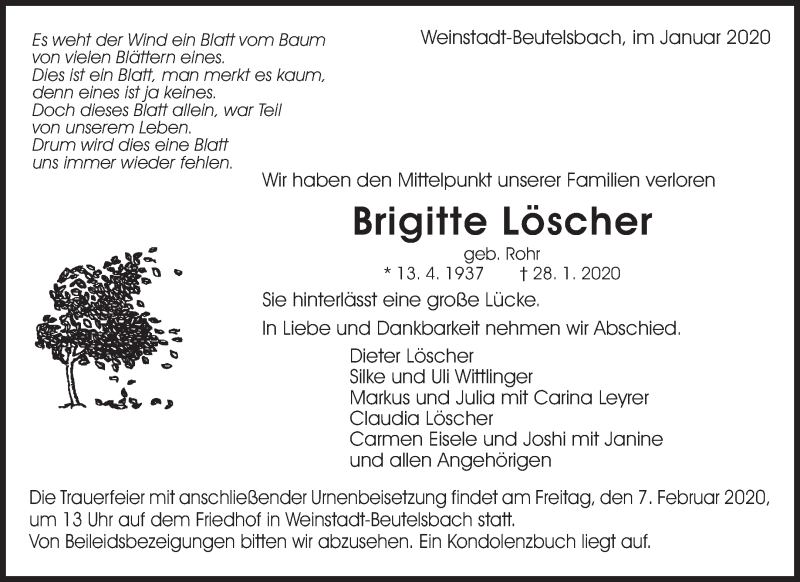  Traueranzeige für Brigitte Löscher vom 01.02.2020 aus Waiblinger Kreiszeitung