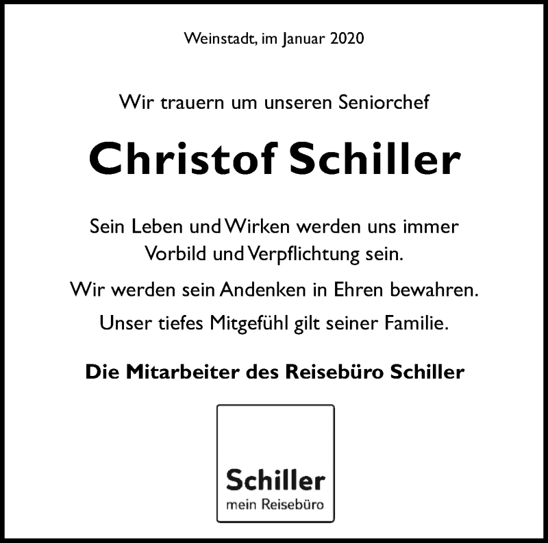  Traueranzeige für Christof Schiller vom 04.01.2020 aus Waiblinger Kreiszeitung