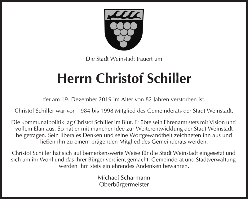  Traueranzeige für Christof Schiller vom 04.01.2020 aus Waiblinger Kreiszeitung