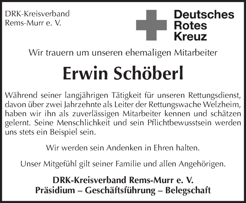  Traueranzeige für Erwin Schöberl vom 31.01.2020 aus Waiblinger Kreiszeitung