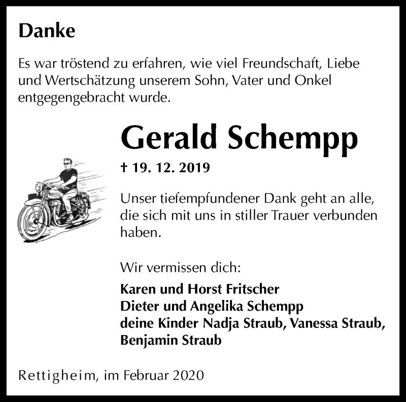  Traueranzeige für Gerald Schempp vom 01.02.2020 aus Waiblinger Kreiszeitung