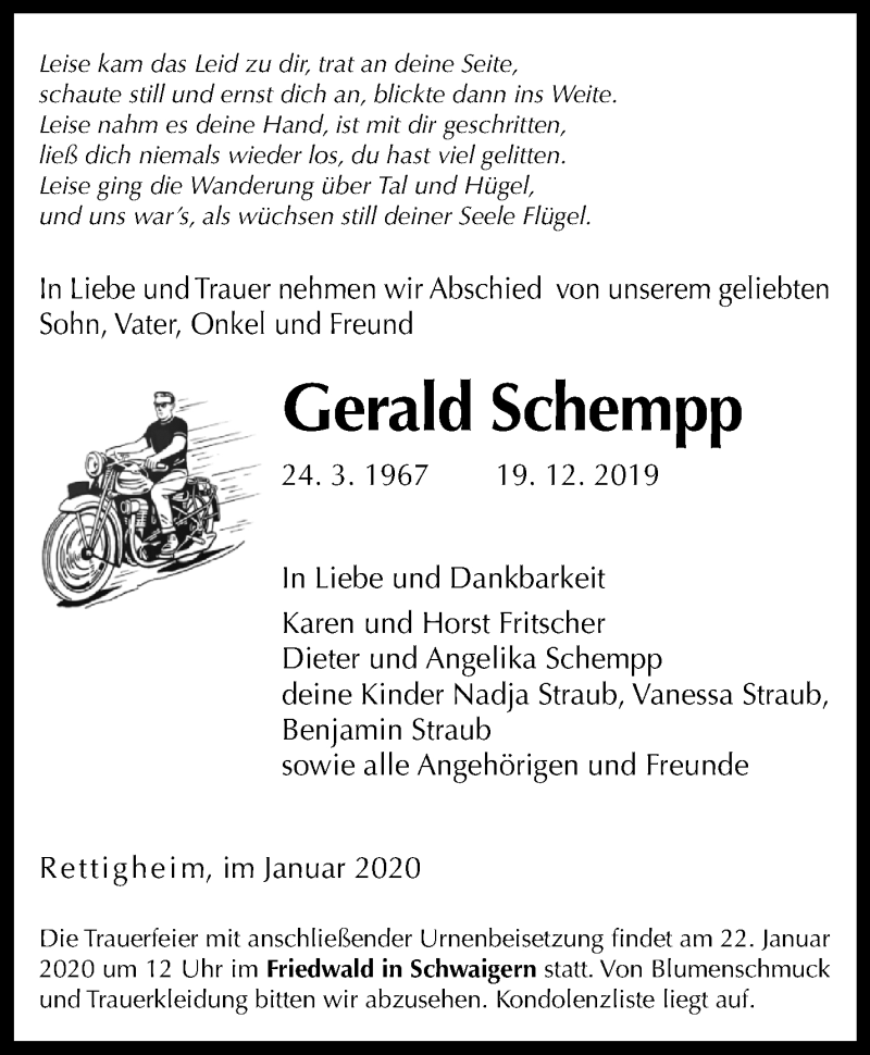  Traueranzeige für Gerald Schempp vom 18.01.2020 aus Waiblinger Kreiszeitung