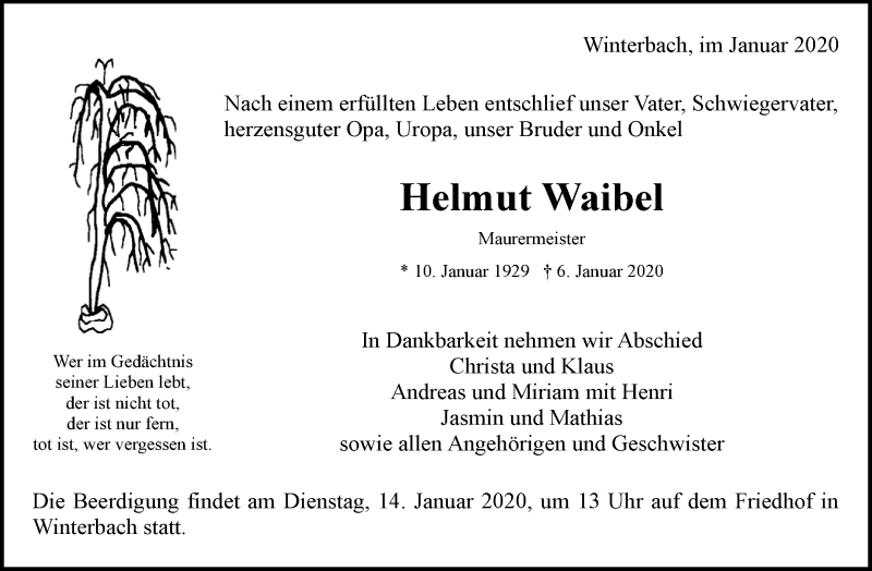  Traueranzeige für Helmut Waibel vom 10.01.2020 aus Waiblinger Kreiszeitung