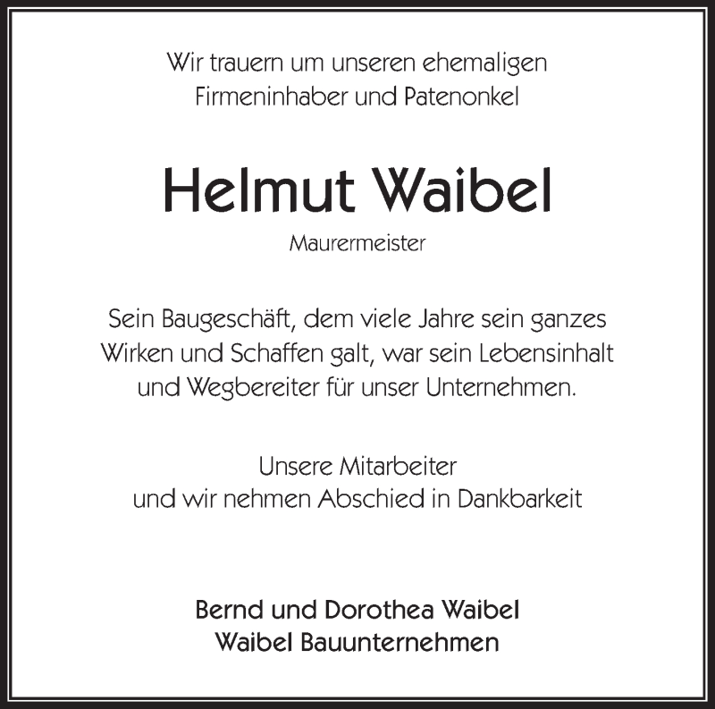  Traueranzeige für Helmut Waibel vom 10.01.2020 aus Waiblinger Kreiszeitung