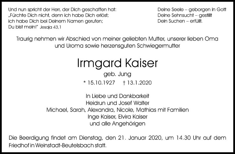  Traueranzeige für Irmgard Kaiser vom 18.01.2020 aus Waiblinger Kreiszeitung