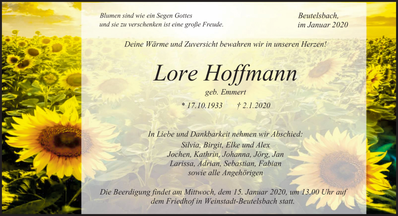  Traueranzeige für Lore Hoffmann vom 09.01.2020 aus Waiblinger Kreiszeitung