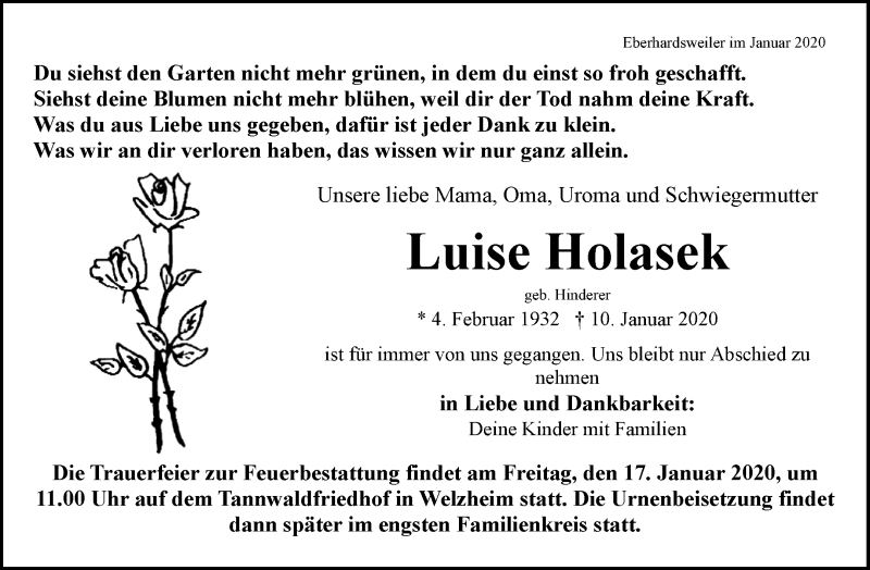  Traueranzeige für Luise Holasek vom 14.01.2020 aus Waiblinger Kreiszeitung