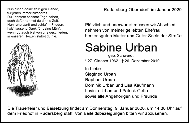  Traueranzeige für Sabine Urban vom 02.01.2020 aus Waiblinger Kreiszeitung