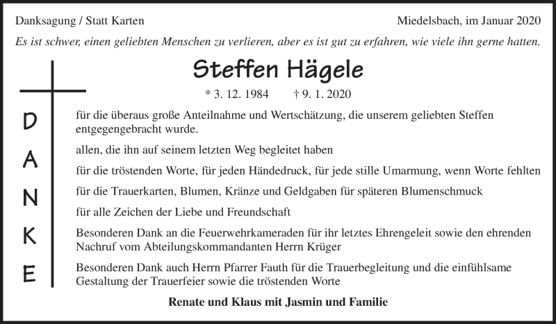 Traueranzeige für Steffen Hägele vom 31.01.2020 aus Waiblinger Kreiszeitung