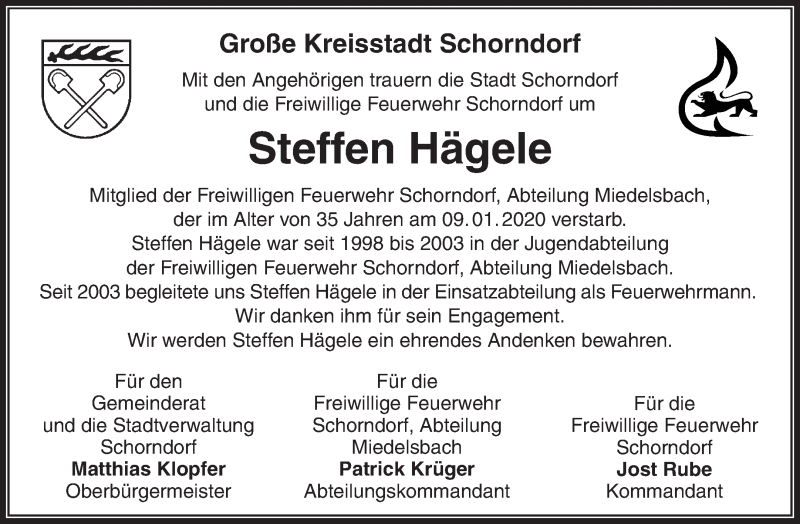  Traueranzeige für Steffen Hägele vom 14.01.2020 aus Waiblinger Kreiszeitung