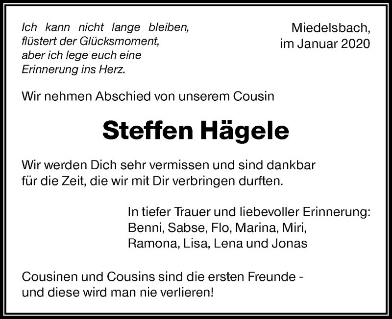  Traueranzeige für Steffen Hägele vom 15.01.2020 aus Waiblinger Kreiszeitung