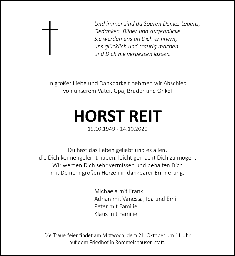  Traueranzeige für Horst Reit vom 20.10.2020 aus Waiblinger Kreiszeitung