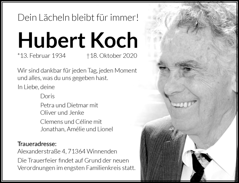  Traueranzeige für Hubert Koch vom 20.10.2020 aus Waiblinger Kreiszeitung