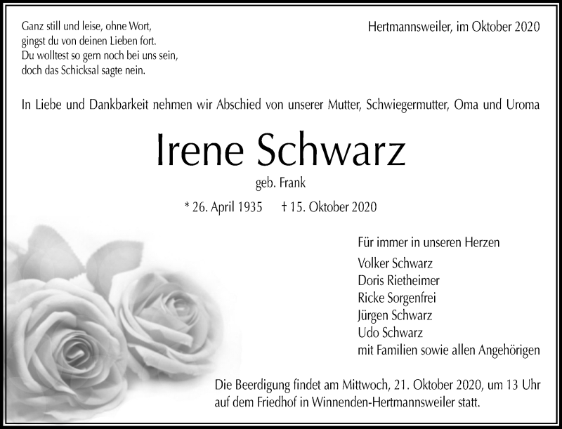  Traueranzeige für Irene Schwarz vom 17.10.2020 aus Waiblinger Kreiszeitung