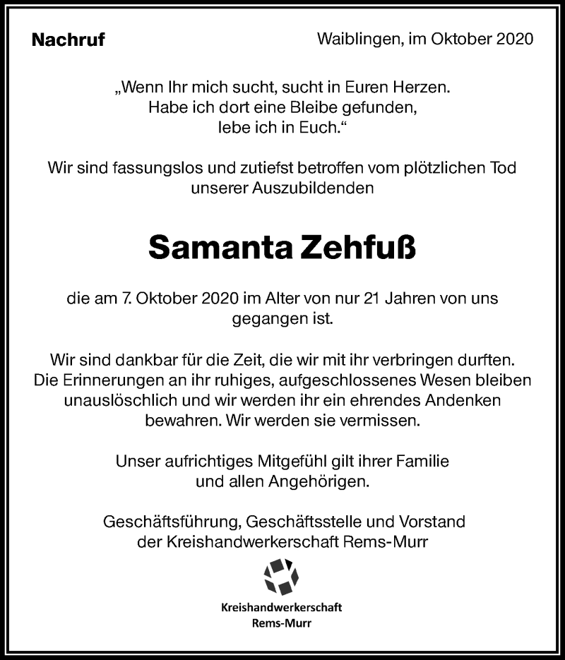  Traueranzeige für Samanta Zehfuß vom 16.10.2020 aus Waiblinger Kreiszeitung