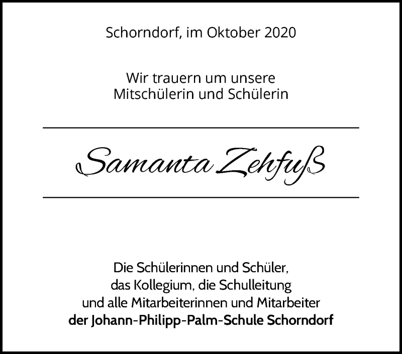  Traueranzeige für Samanta Zehfuß vom 15.10.2020 aus Waiblinger Kreiszeitung