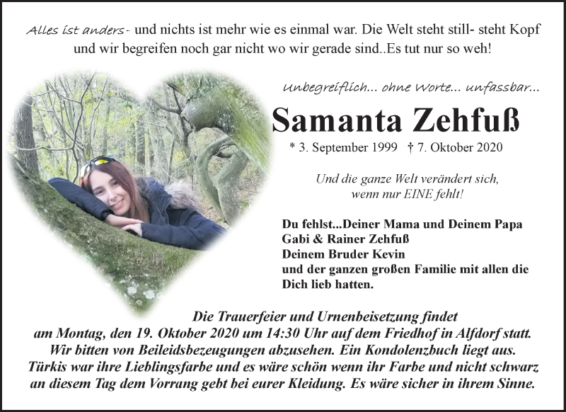  Traueranzeige für Samanta Zehfuß vom 15.10.2020 aus Waiblinger Kreiszeitung
