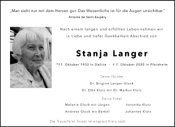 Traueranzeige von Stanja Langer von Waiblinger Kreiszeitung