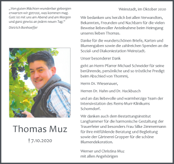 Traueranzeige von Thomas Muz von Waiblinger Kreiszeitung