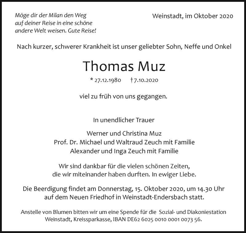  Traueranzeige für Thomas Muz vom 10.10.2020 aus Waiblinger Kreiszeitung