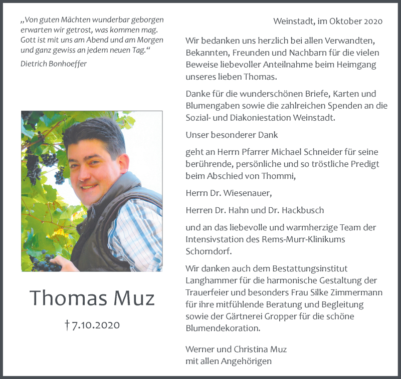  Traueranzeige für Thomas Muz vom 31.10.2020 aus Waiblinger Kreiszeitung