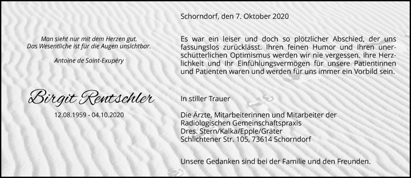  Traueranzeige für Birgit Rentschler vom 08.10.2020 aus Waiblinger Kreiszeitung