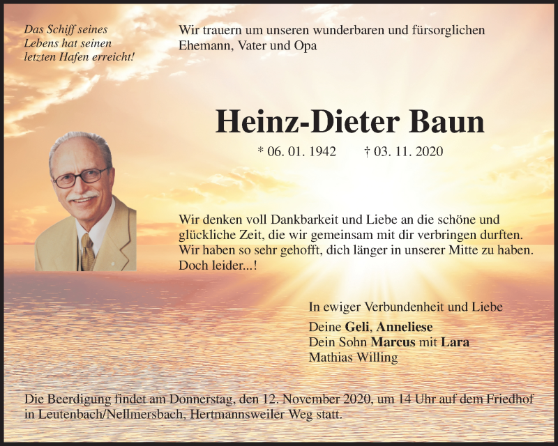  Traueranzeige für Heinz-Dieter Baun vom 07.11.2020 aus Waiblinger Kreiszeitung