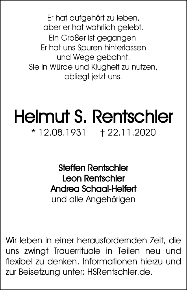  Traueranzeige für Helmut S. Rentschler vom 25.11.2020 aus Waiblinger Kreiszeitung