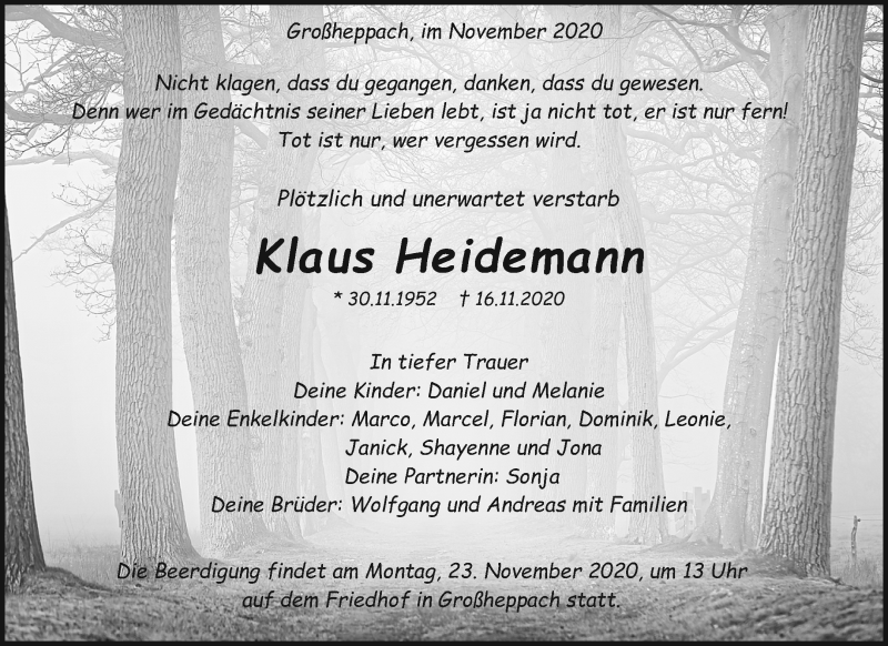  Traueranzeige für Klaus Heidemann vom 19.11.2020 aus Waiblinger Kreiszeitung