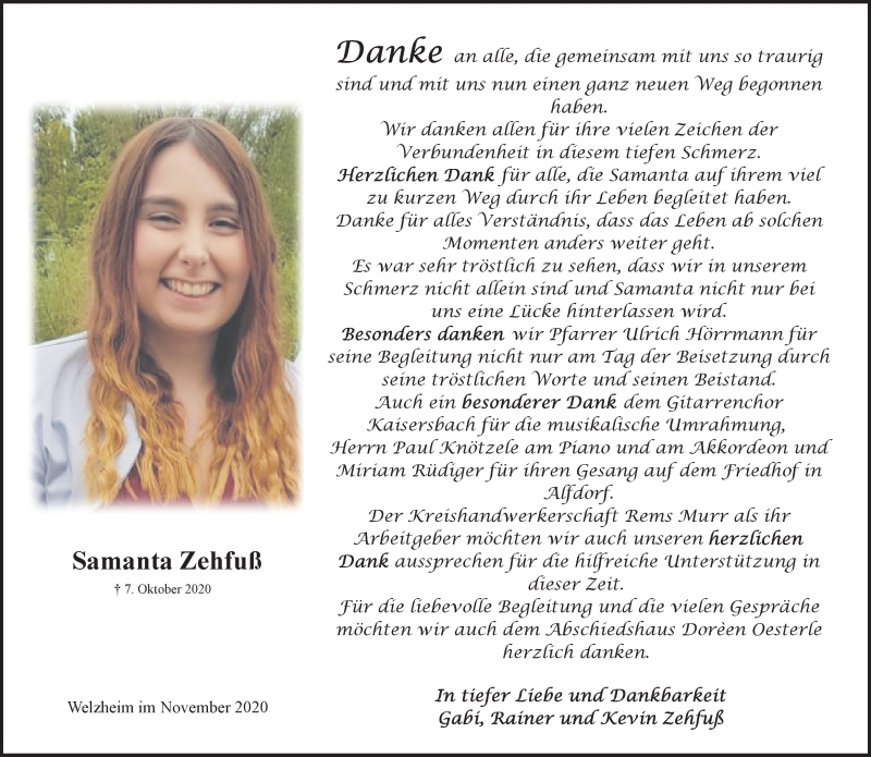  Traueranzeige für Samanta Zehfuß vom 14.11.2020 aus Waiblinger Kreiszeitung