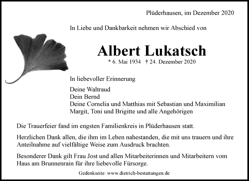  Traueranzeige für Albert Lukatsch vom 31.12.2020 aus Waiblinger Kreiszeitung