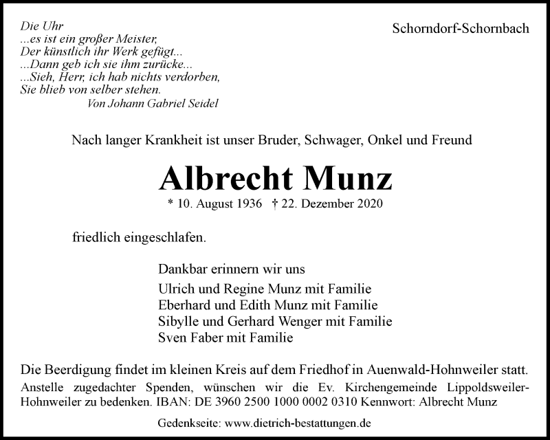  Traueranzeige für Albrecht Munz vom 29.12.2020 aus Waiblinger Kreiszeitung
