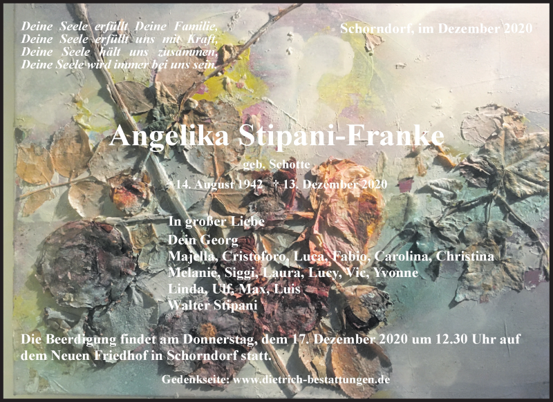  Traueranzeige für Angelika Stipani-Franke vom 15.12.2020 aus Waiblinger Kreiszeitung