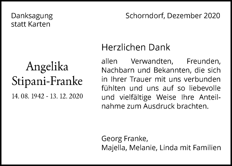  Traueranzeige für Angelika Stipani-Franke vom 23.12.2020 aus Waiblinger Kreiszeitung