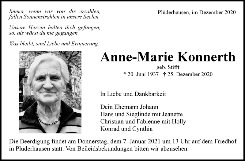  Traueranzeige für Anne-Marie Konnerth vom 31.12.2020 aus Waiblinger Kreiszeitung