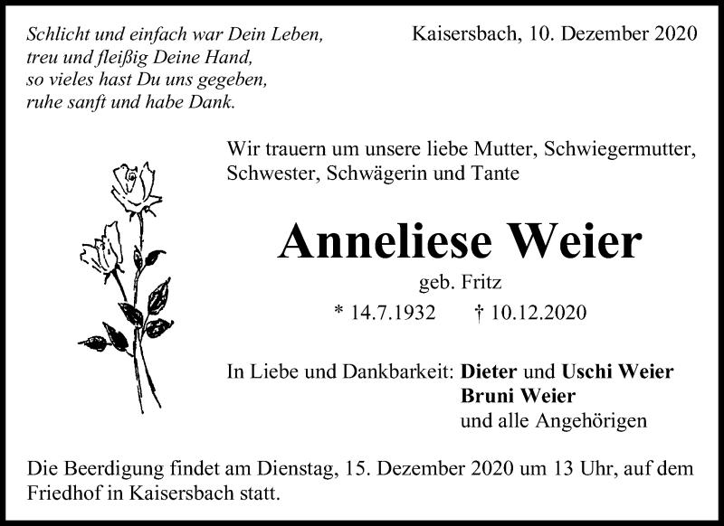  Traueranzeige für Anneliese Weier vom 12.12.2020 aus Waiblinger Kreiszeitung