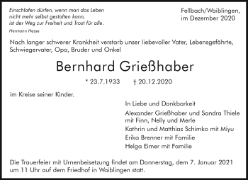 Traueranzeige von Bernhard Grießhaber von Waiblinger Kreiszeitung