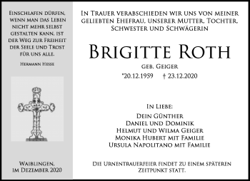 Traueranzeige von Brigitte Roth von Waiblinger Kreiszeitung