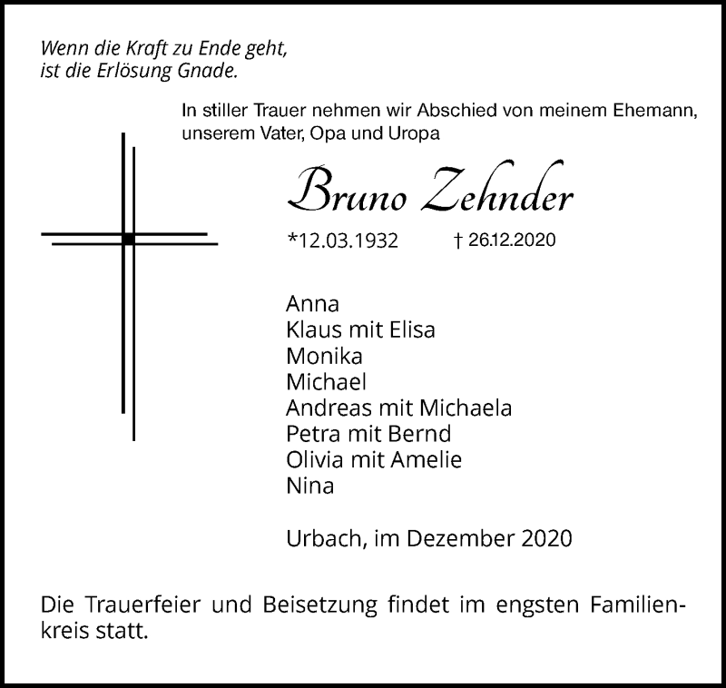  Traueranzeige für Bruno Zehnder vom 29.12.2020 aus Waiblinger Kreiszeitung