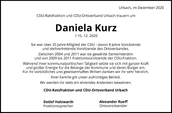 Traueranzeige von Daniela Kurz von Waiblinger Kreiszeitung